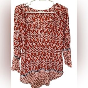 Beach Lunch Lounge Shirt Top Blouse Red Ikat V-Neck Pullover